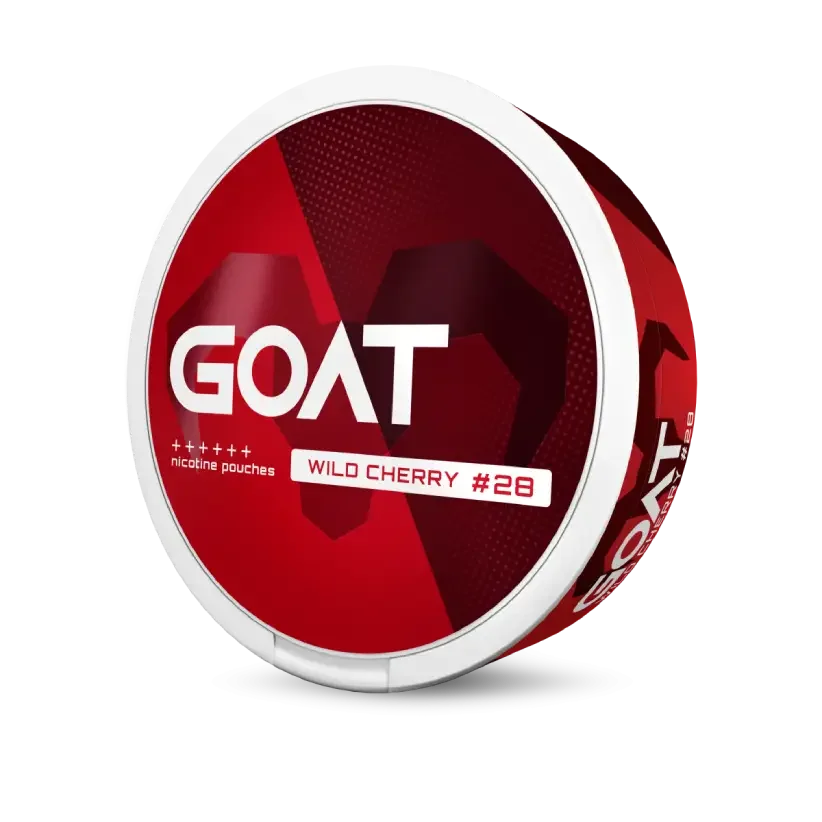 Round red and white container with the label GOAT, featuring a geometric goat silhouette. Text reads: nicotine pouches wild cherry #28”.