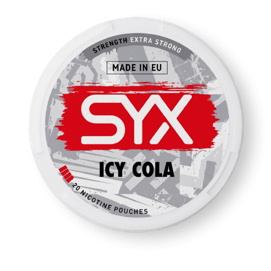 SYX Icy Cola nicotine pouch container on a white background