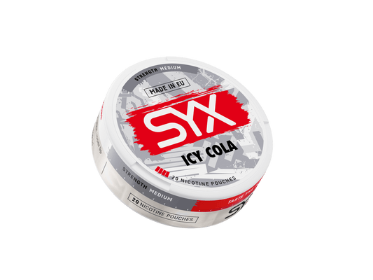 SYX Icy Cola nicotine pouch container on a white background