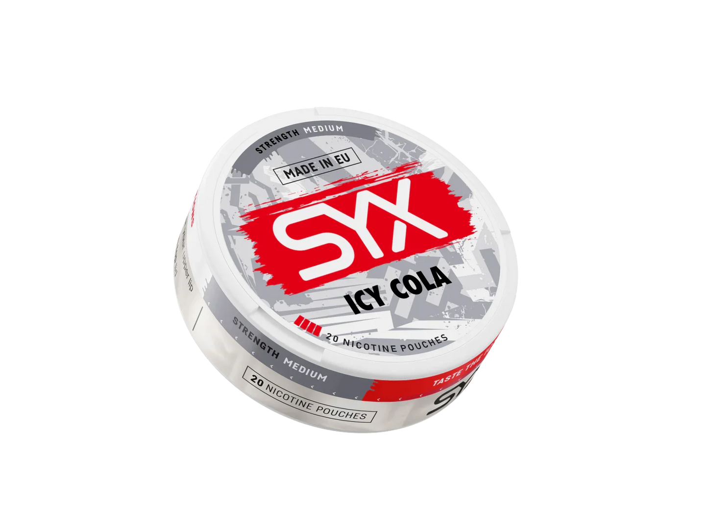 SYX Icy Cola nicotine pouch container on a black background