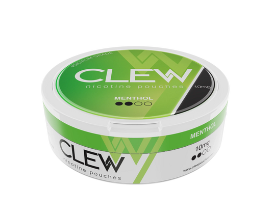 Round white container with labelled CLEW nicotine pouches, MENTHOL flavour and 10mg strength.