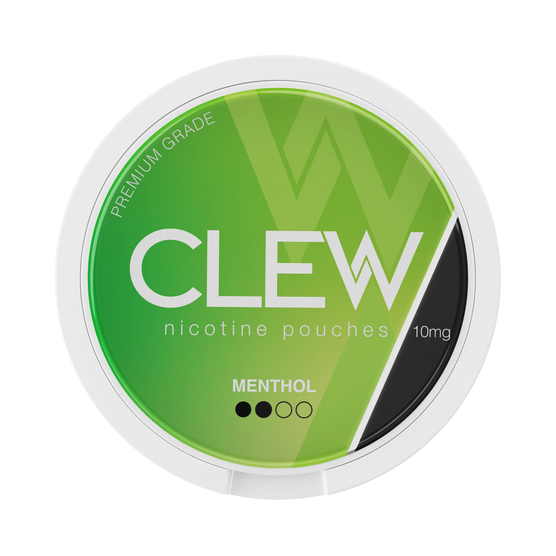 Round white container with labelled CLEW nicotine pouches, MENTHOL flavour and 10mg strength.