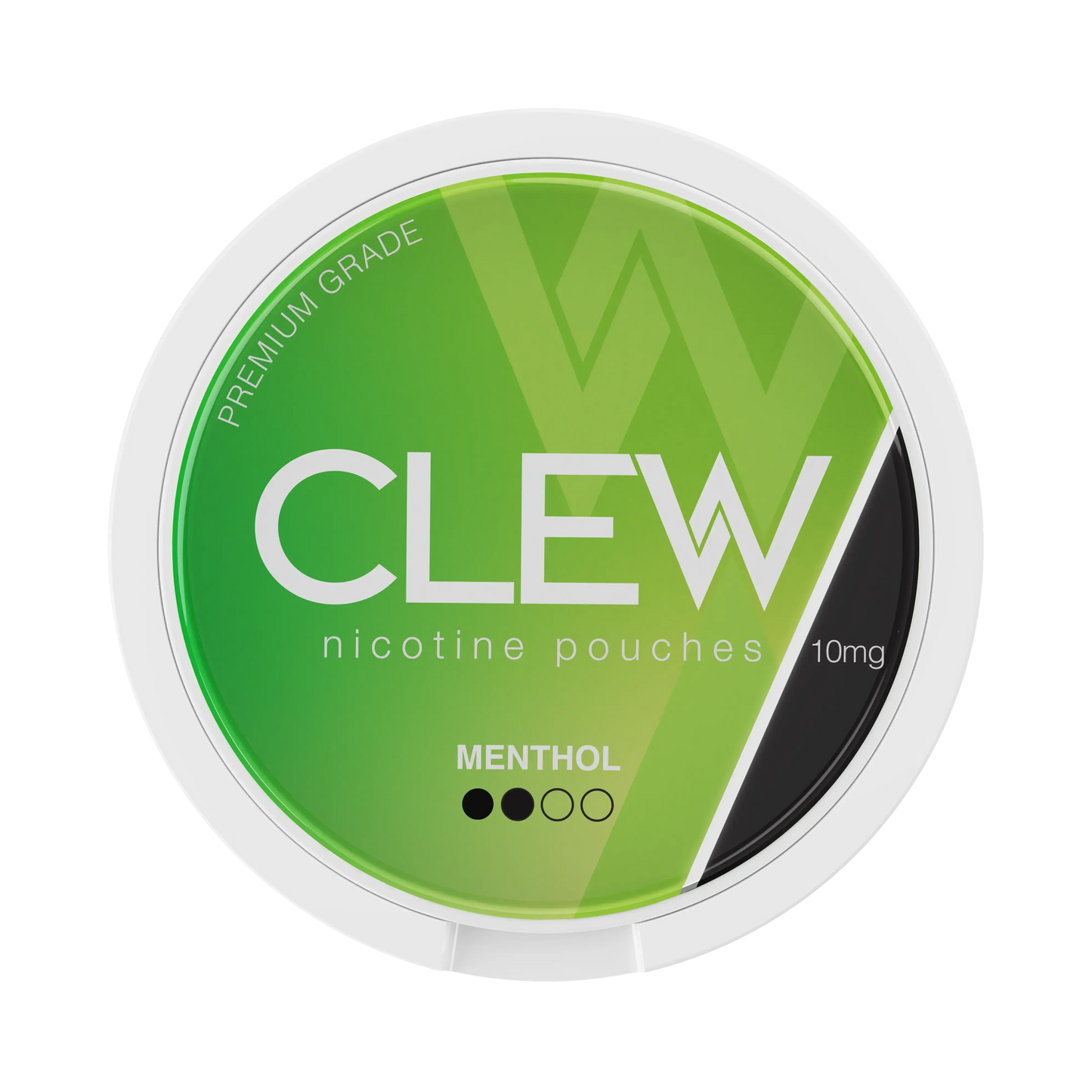 Round white container with labelled "CLEW nicotine pouches, MENTHOL" flavour and "10mg" strength.