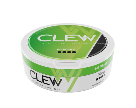 Round white container with labelled CLEW nicotine pouches, MENTHOL flavour and 20mg strength.