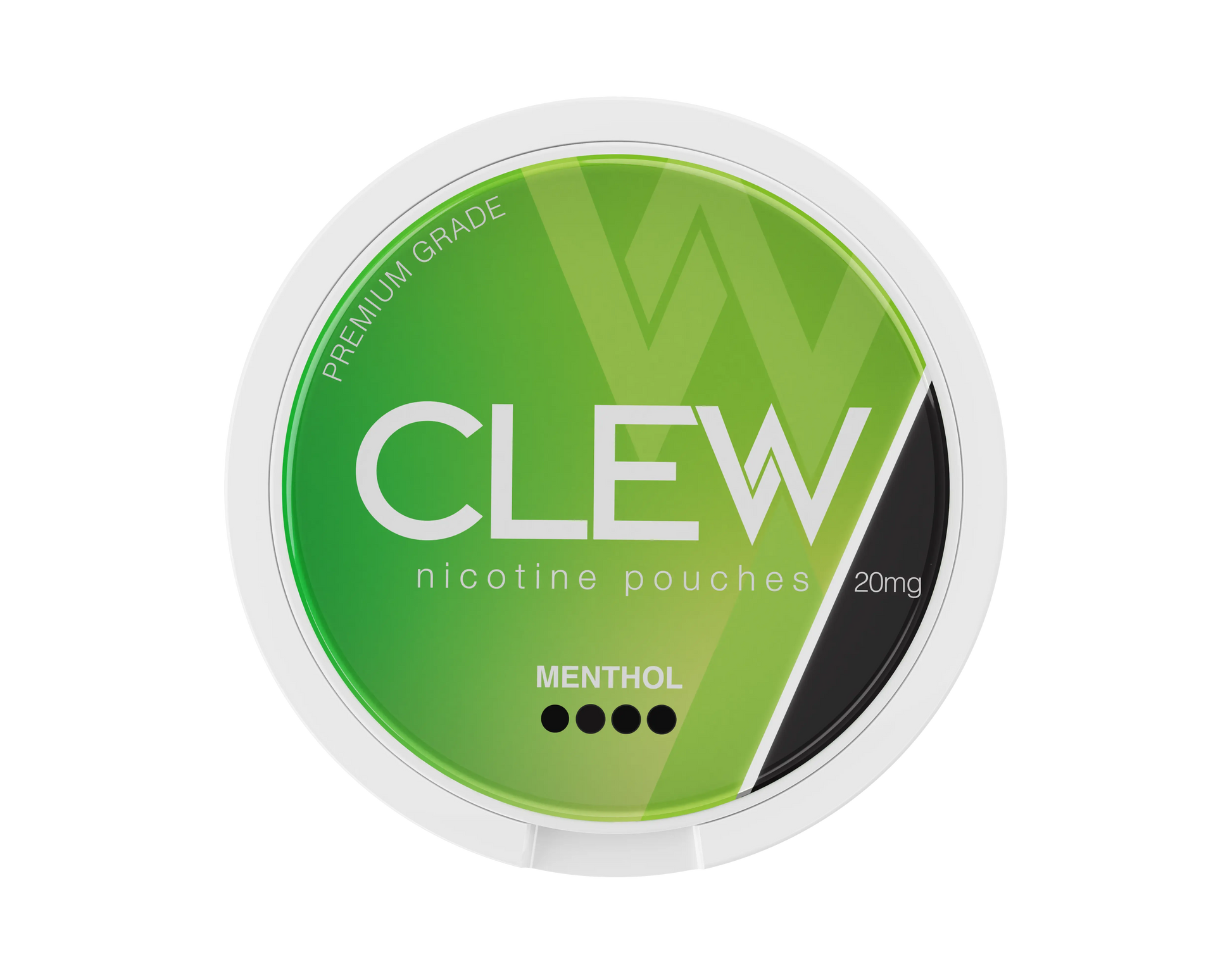 Round white container with labelled CLEW nicotine pouches, MENTHOL flavour and 20mg strength.
