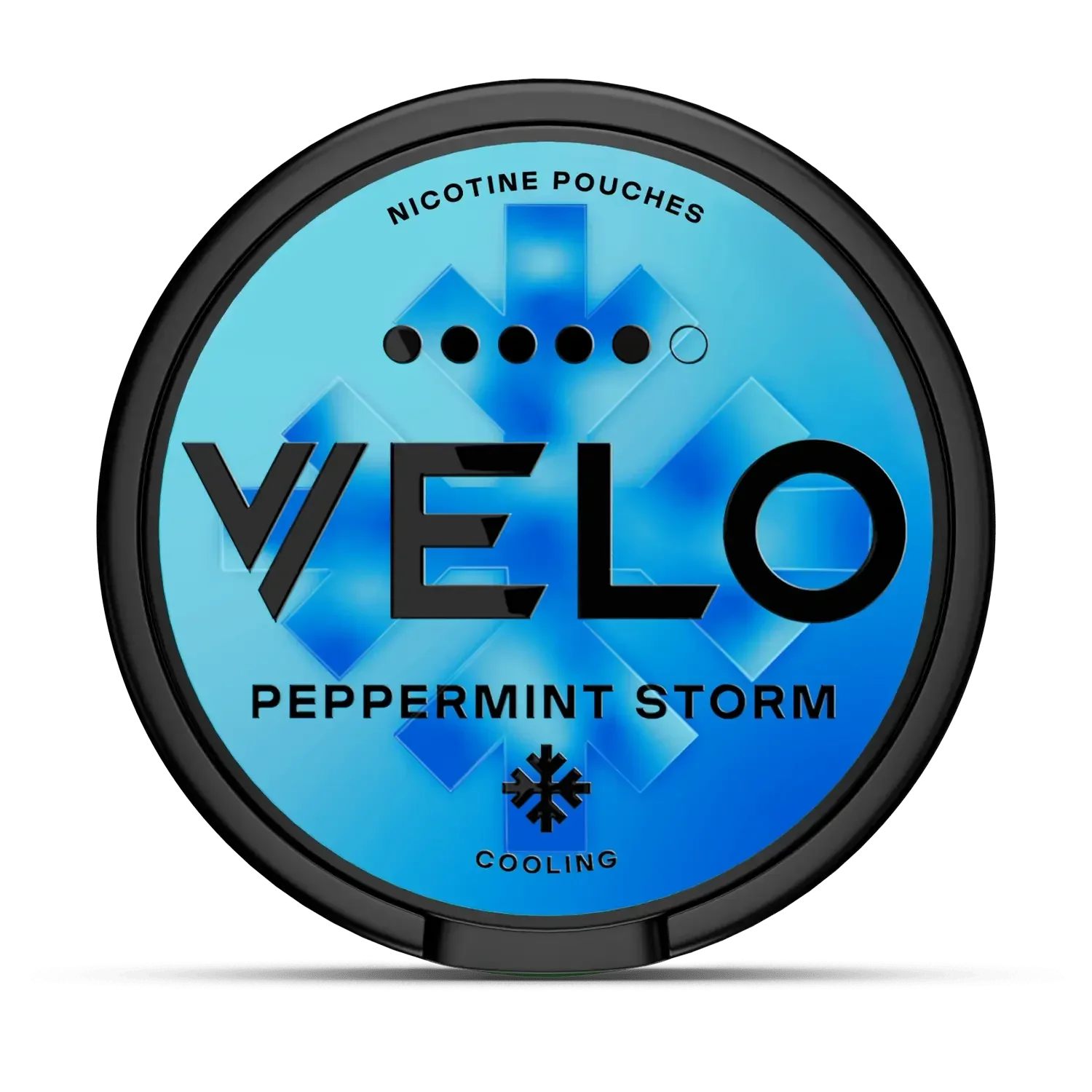 Round blue container of Peppermint Storm Velo Nicotine Pouches with black rim.