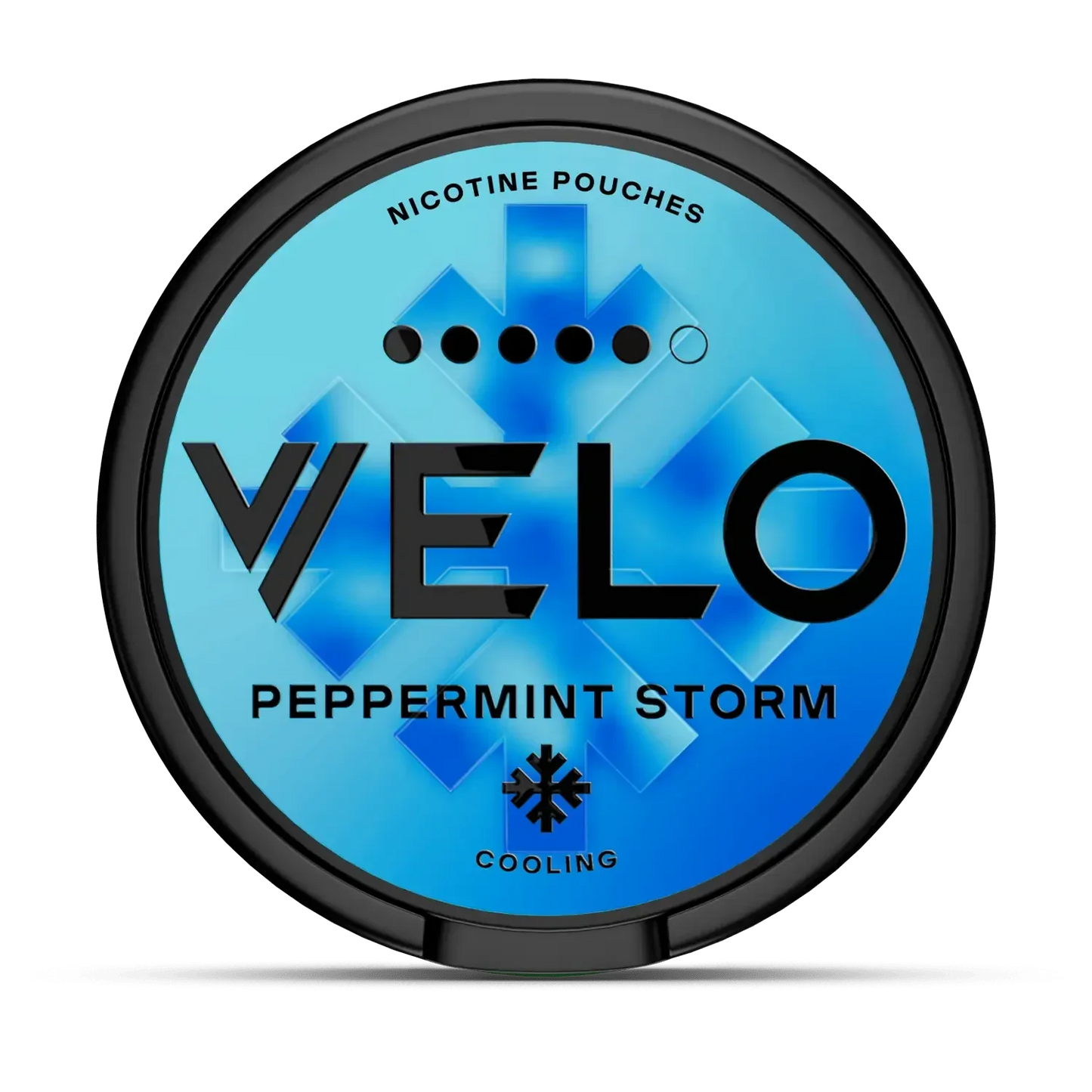 Round blue container of Peppermint Storm Velo Nicotine Pouches with black rim.