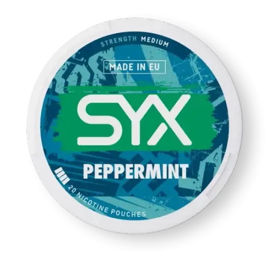 SYX peppermint nicotine pouch container on a white background