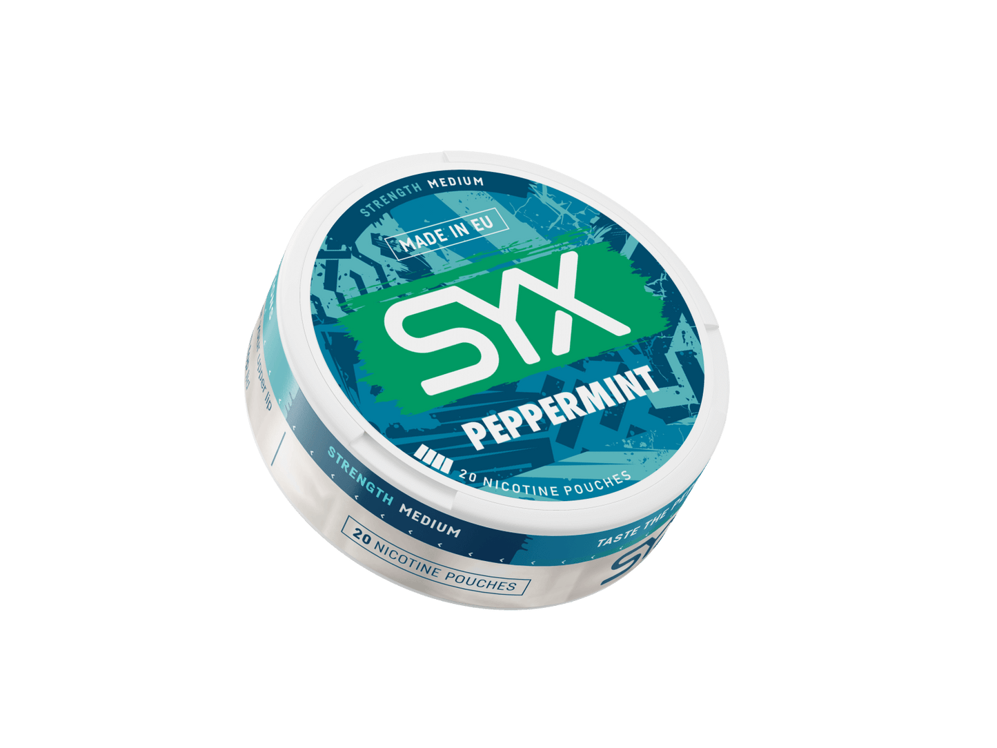 SYX peppermint nicotine pouch container on a black background