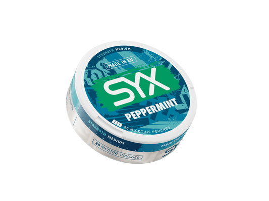 SYX peppermint nicotine pouch container on a white background