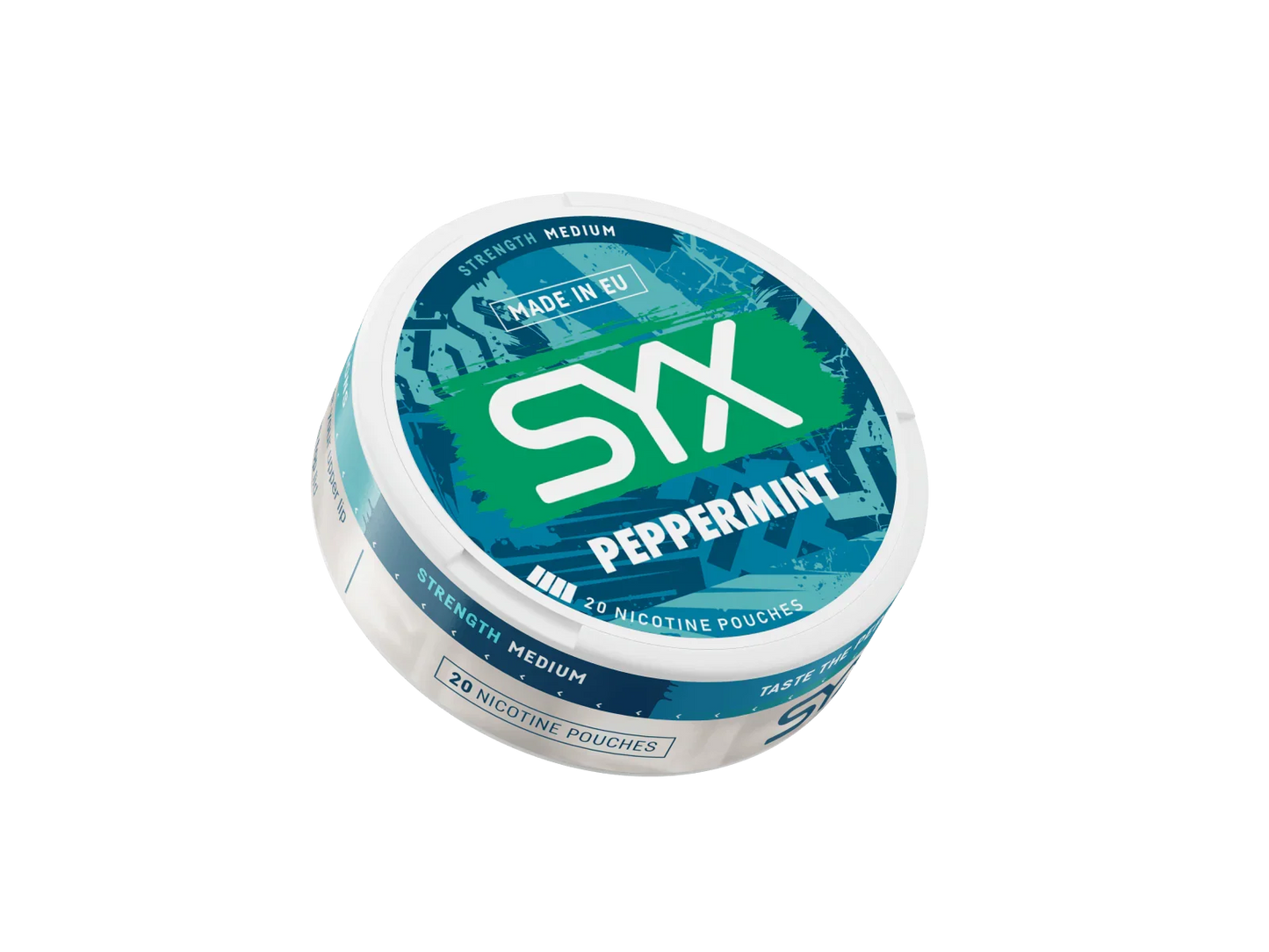 SYX peppermint nicotine pouch container on a black background