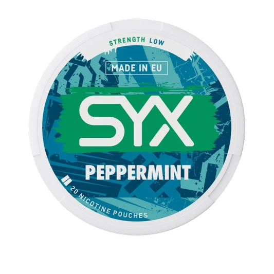 SYX peppermint nicotine pouch container on a white background