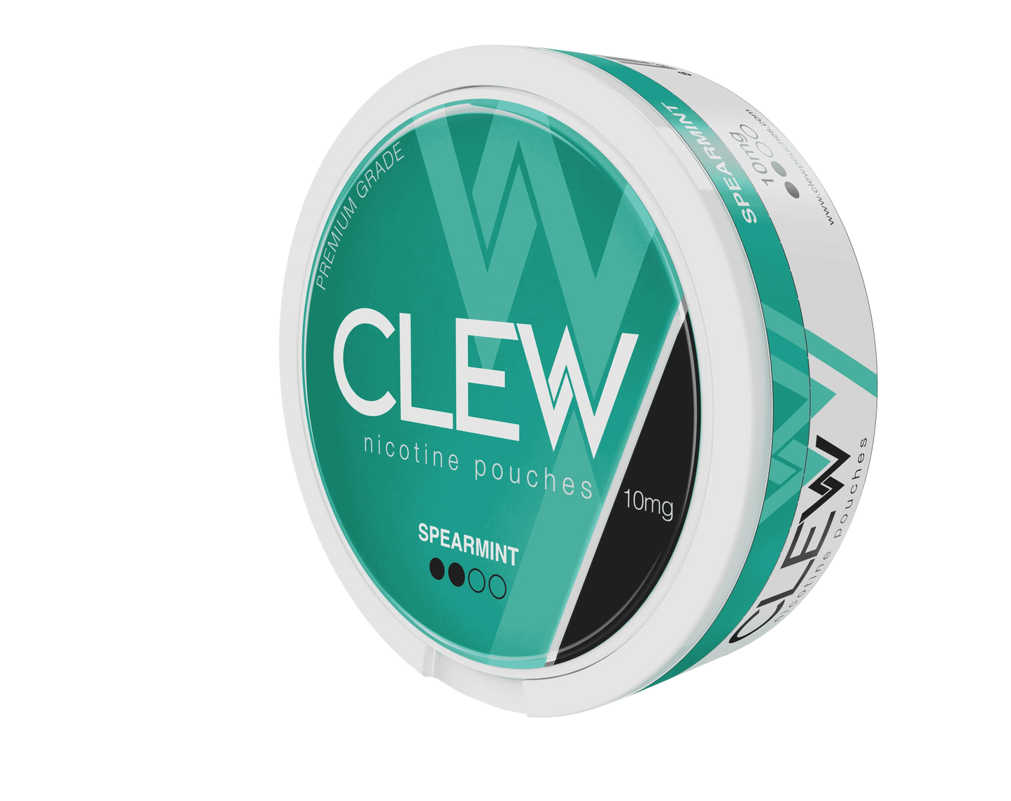 Angled view of a CLEW Spearmint 10mg nicotine pouches container.