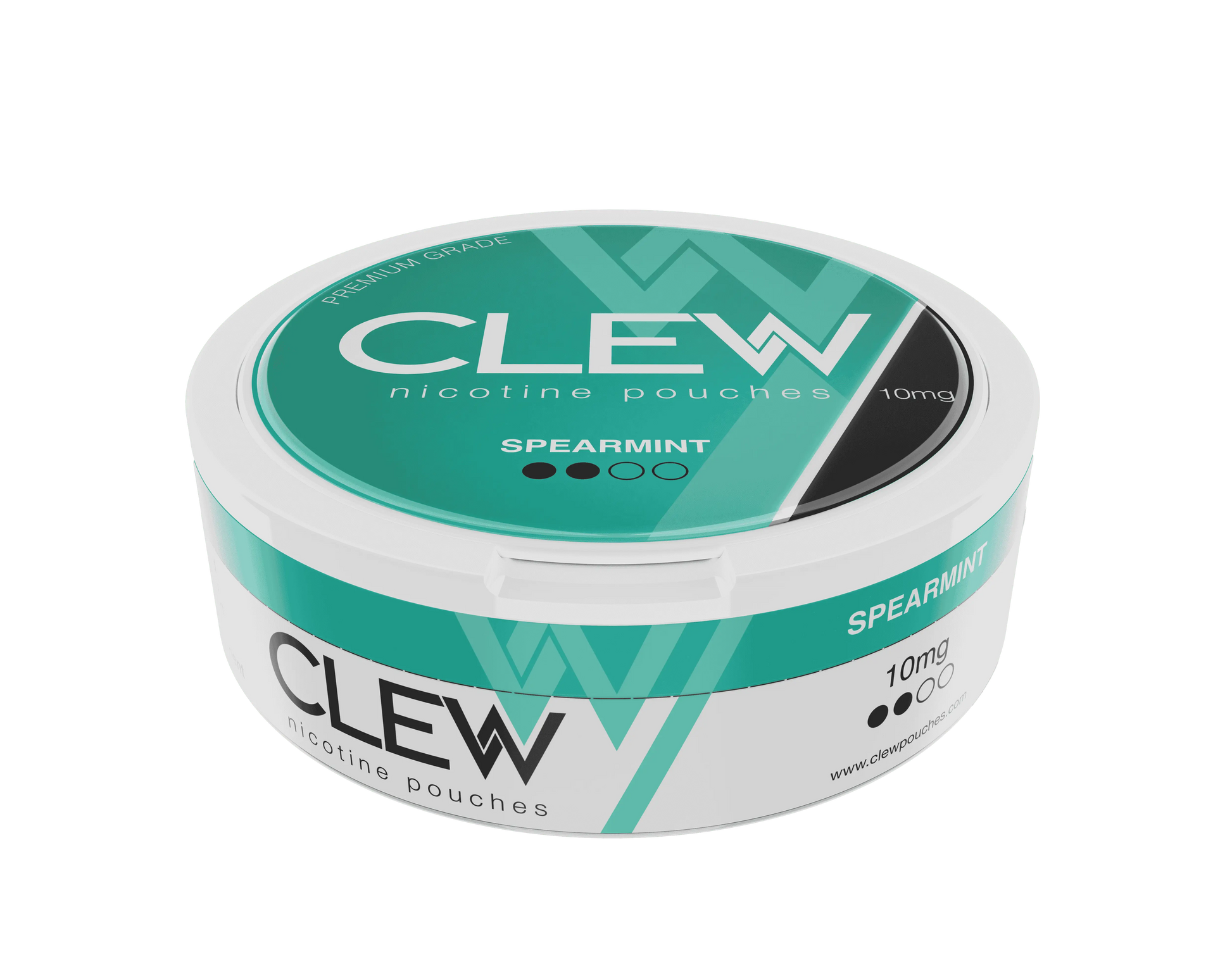 Side view of a CLEW Spearmint 10mg nicotine pouches container.