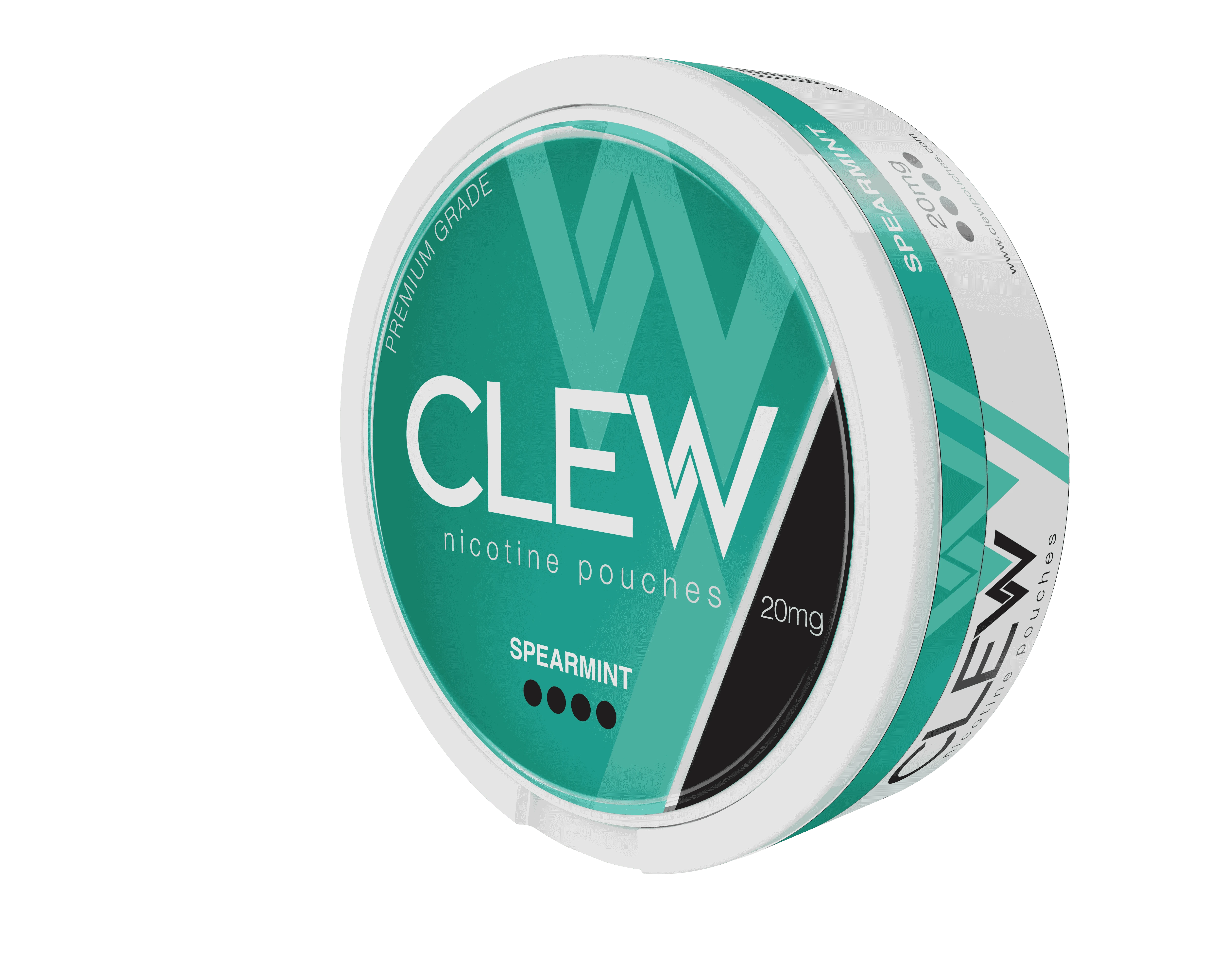 Angled view of a CLEW Spearmint 20mg nicotine pouches container.