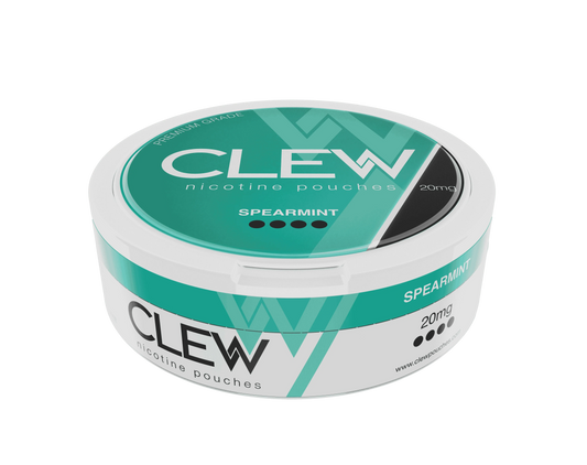 Angled view of a CLEW Spearmint 20mg nicotine pouches container.