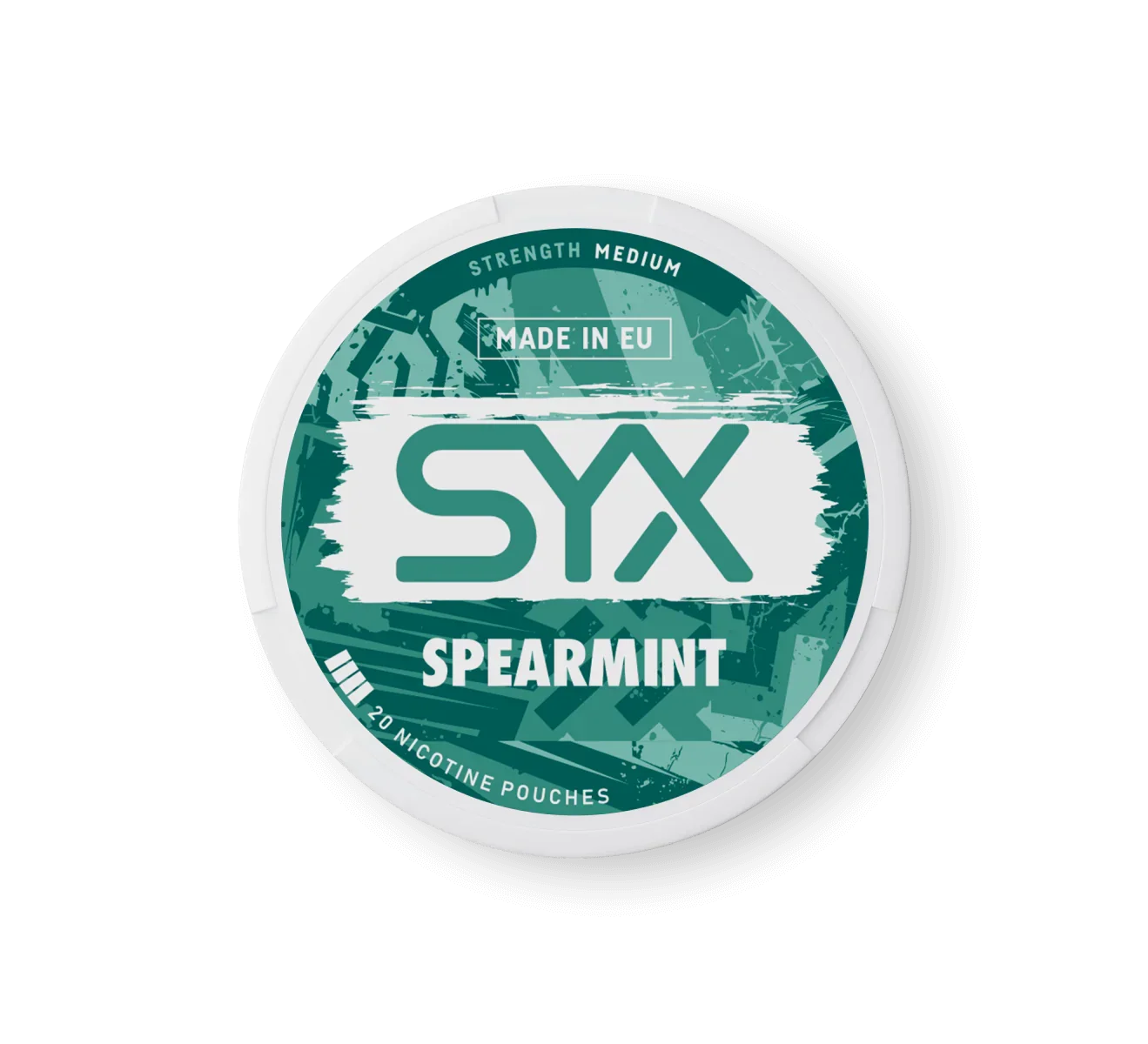 SYX Spearmint nicotine pouch container on a black background
