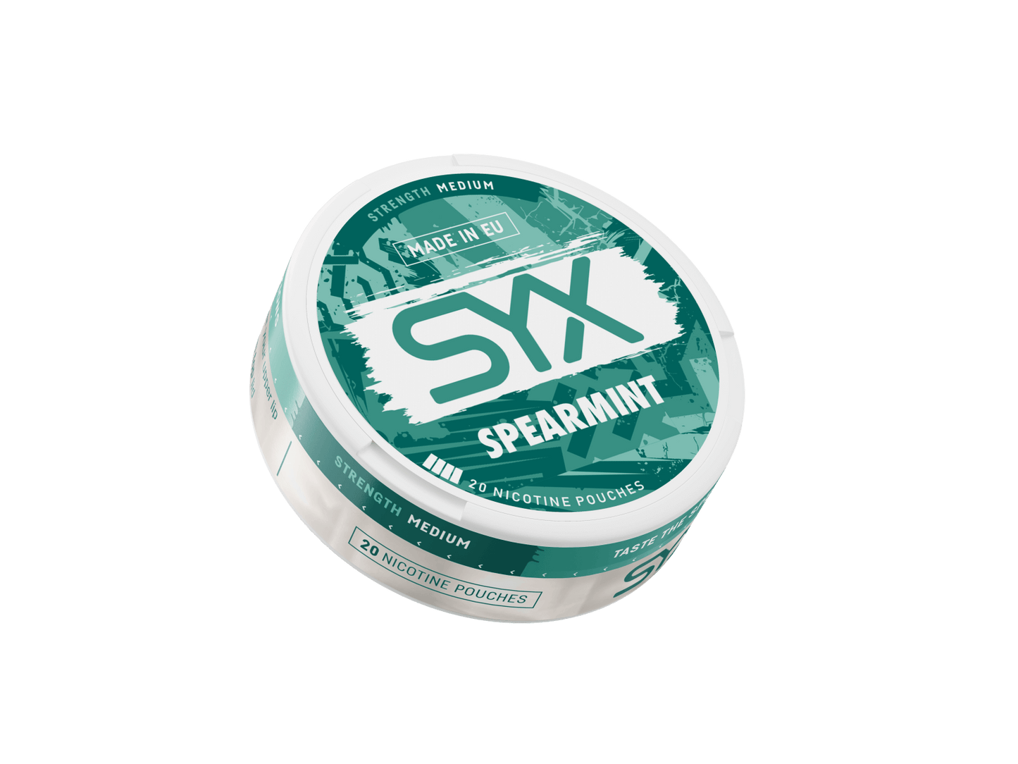 SYX Spearmint nicotine pouch container on a black background