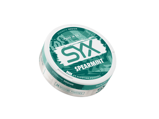 SYX Spearmint nicotine pouch container on a black background