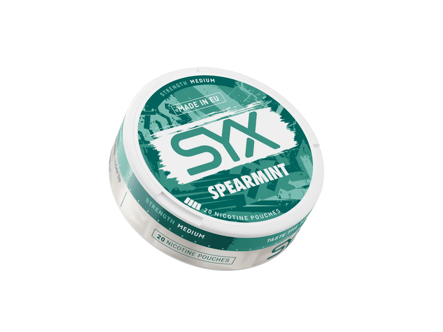 SYX Spearmint nicotine pouch container on a black background