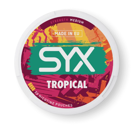 SYX Tropical nicotine pouches packaging on a black background