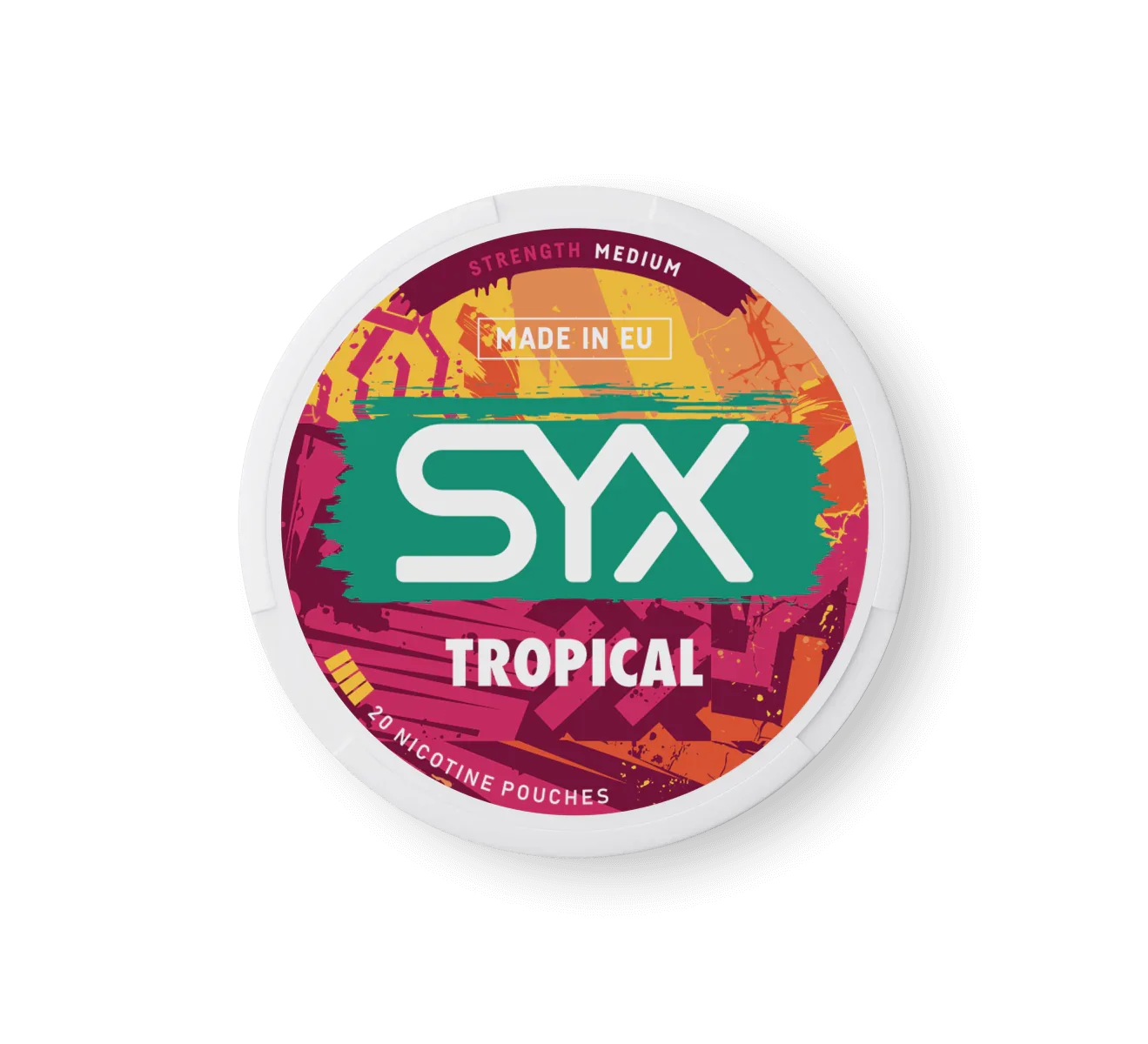 SYX Tropical nicotine pouches packaging on a black background