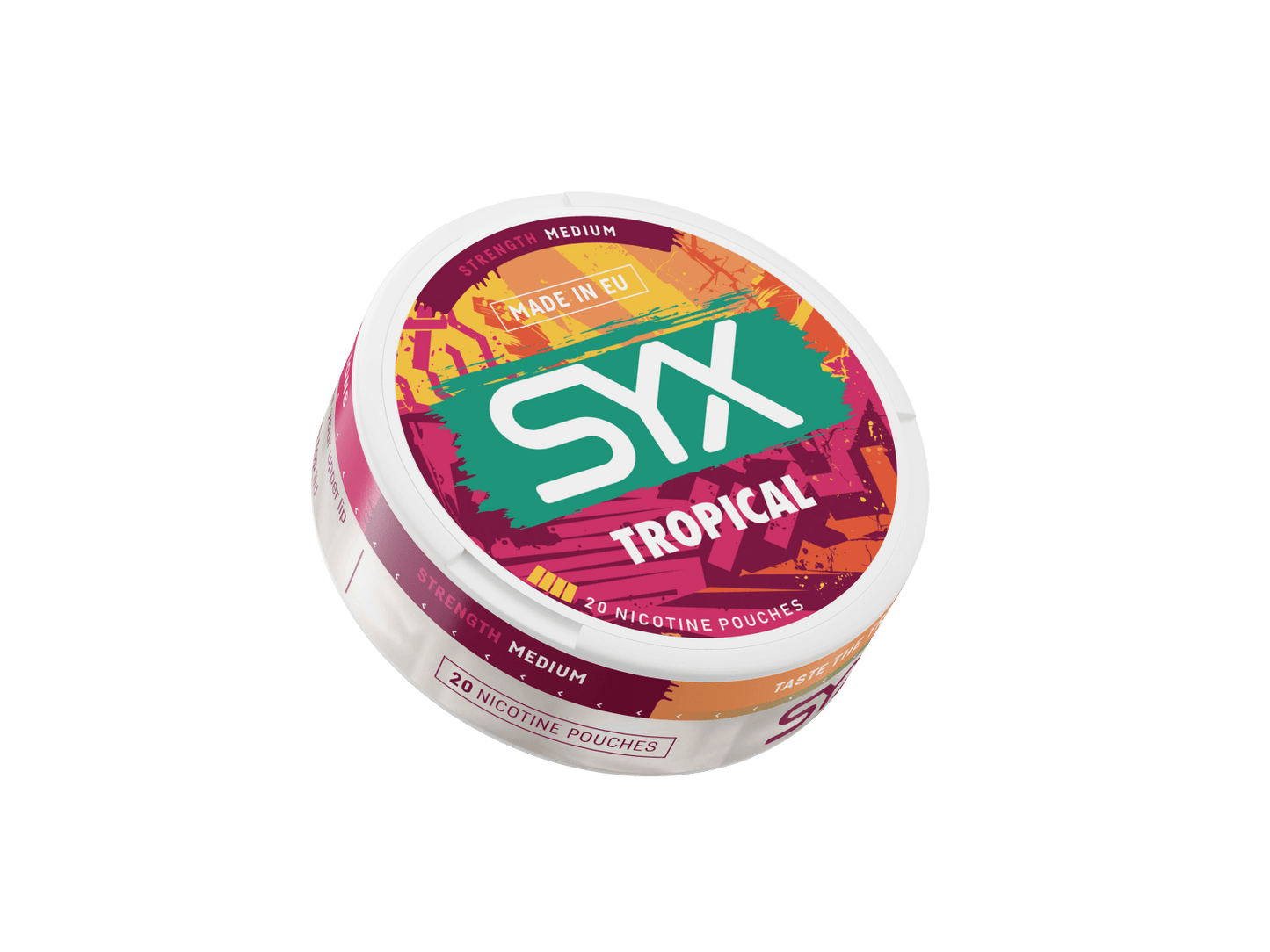 SYX Tropical nicotine pouch container on a black background