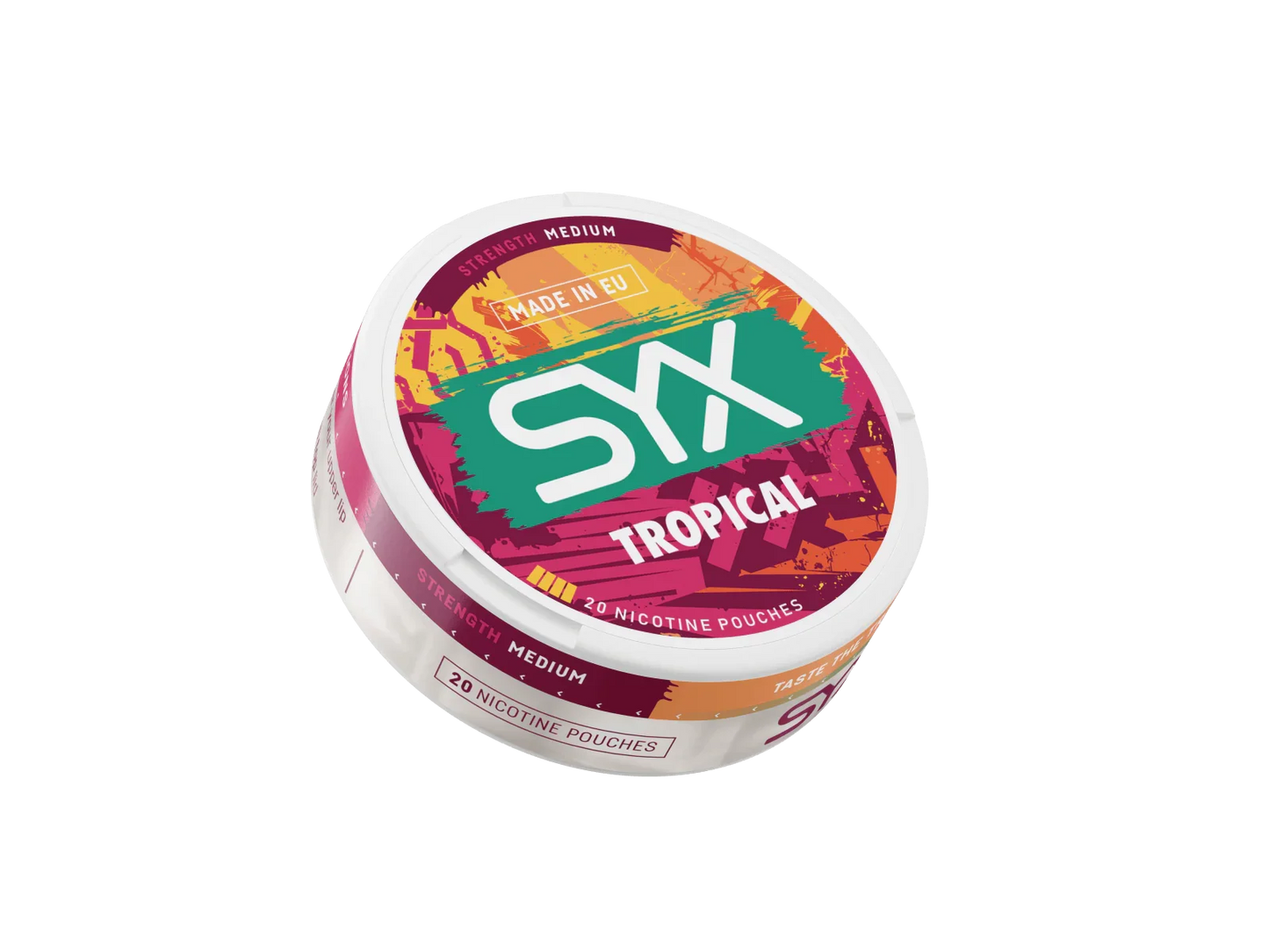 SYX Tropical nicotine pouch container on a black background