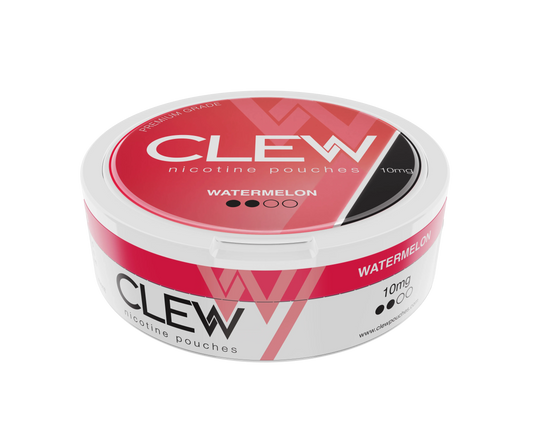 Clew nicotine pouches container with red and white design on a white background