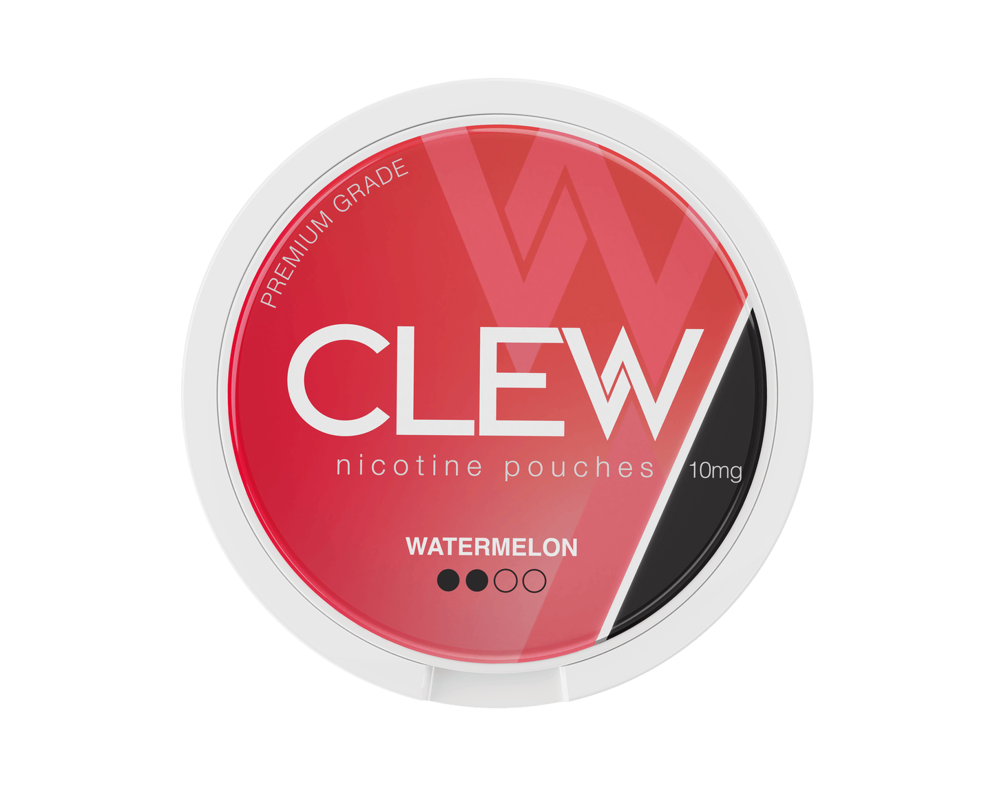 CLEW nicotine pouches tin with a bold red and black design, labeled "WATERMELON," containing 20mg nicotine and marked as premium grade.