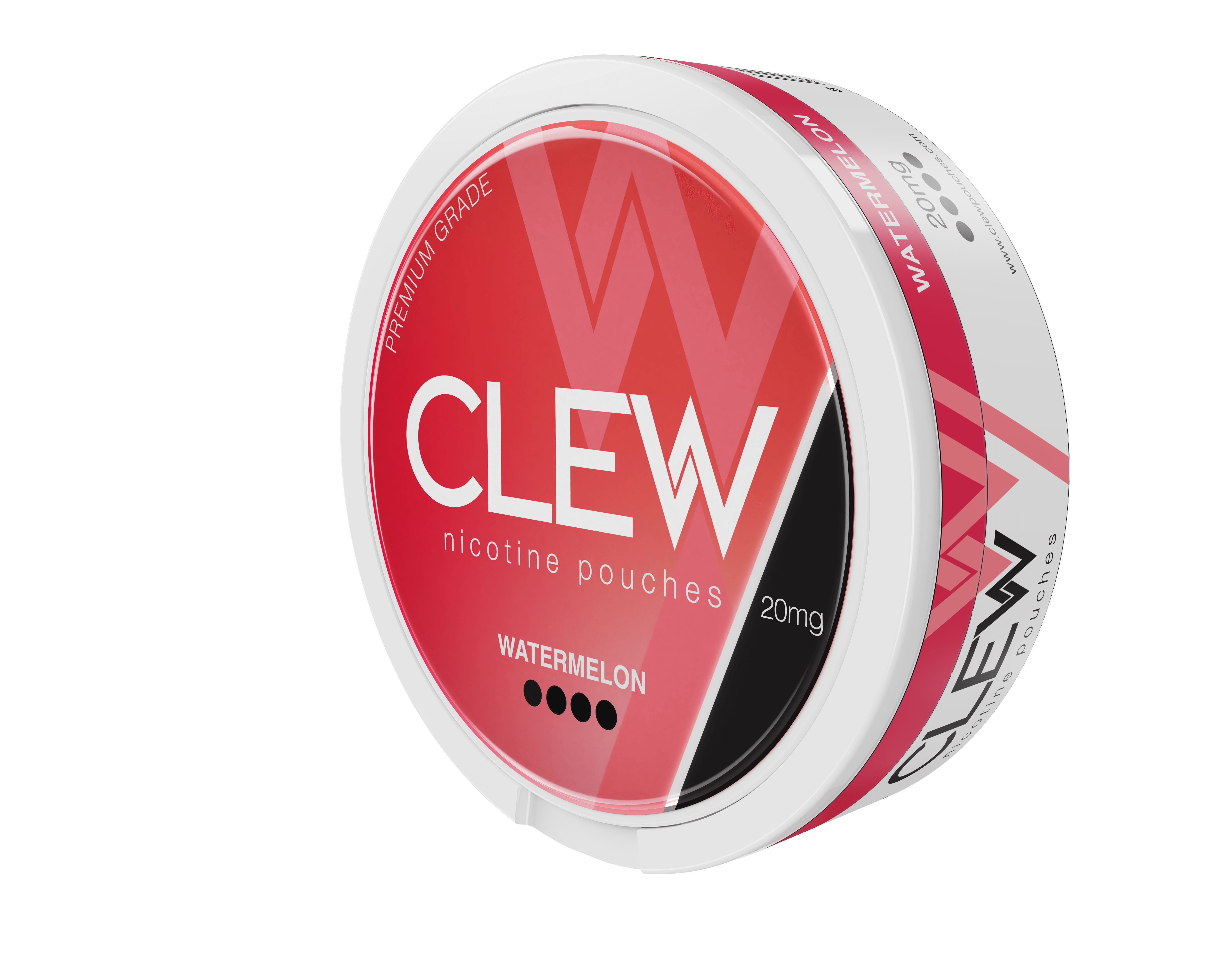CLEW nicotine pouches tin with a bold red and black design, labeled "WATERMELON," containing 20mg nicotine and marked as premium grade.