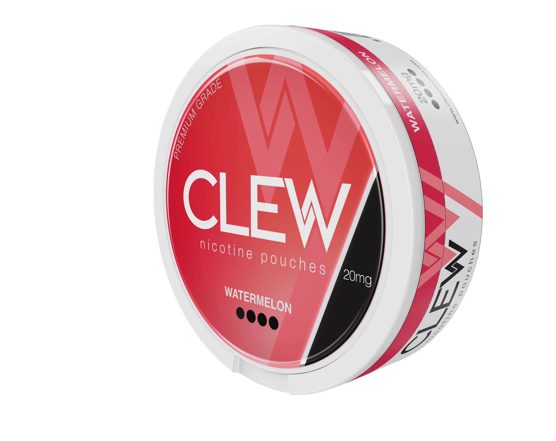 CLEW nicotine pouches tin with a bold red and black design, labeled WATERMELON, containing 20mg nicotine and marked as premium grade.