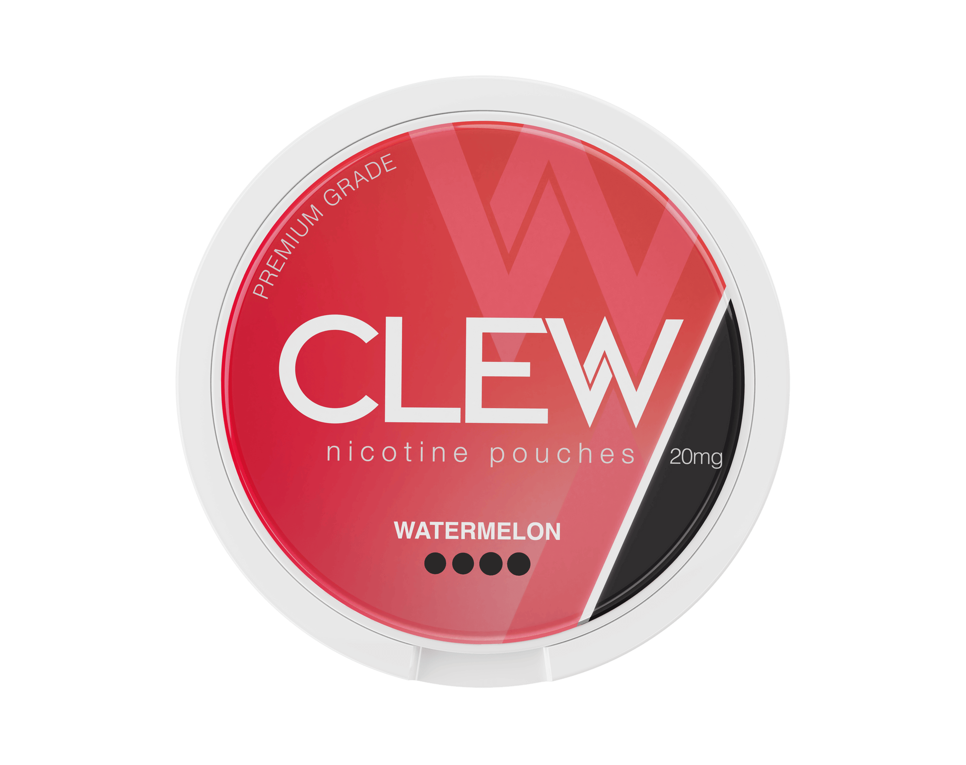 CLEW nicotine pouches tin with a bold red and black design, labeled WATERMELON, containing 20mg nicotine and marked as premium grade.