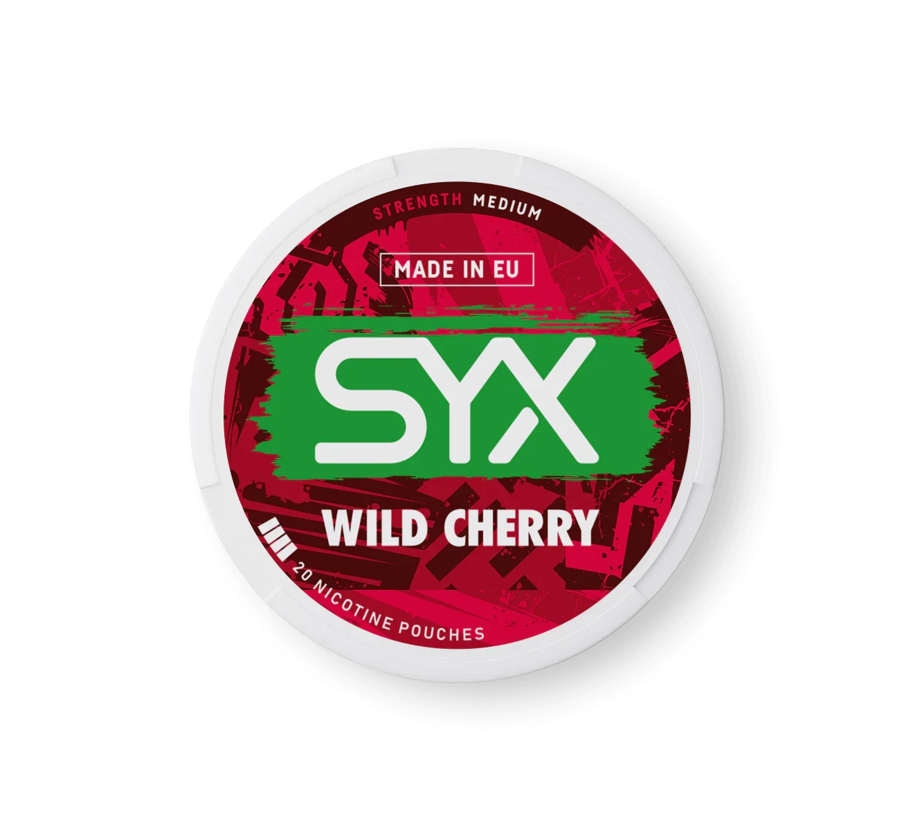 SYX Wild Cherry nicotine pouches packaging on a black background