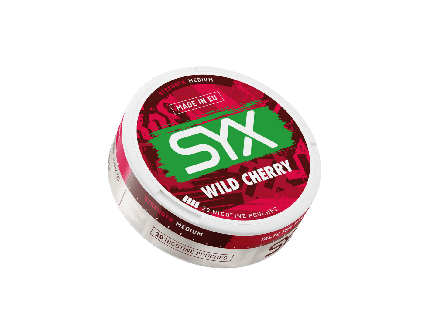 SYX Wild Cherry nicotine pouch container on a black background