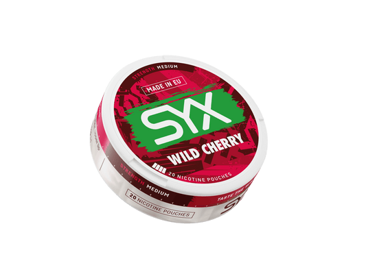 SYX Wild Cherry nicotine pouches packaging on a black background