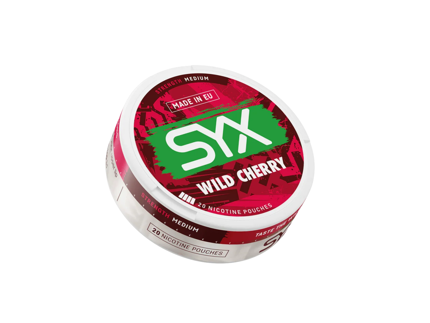 SYX Wild Cherry nicotine pouch container on a black background