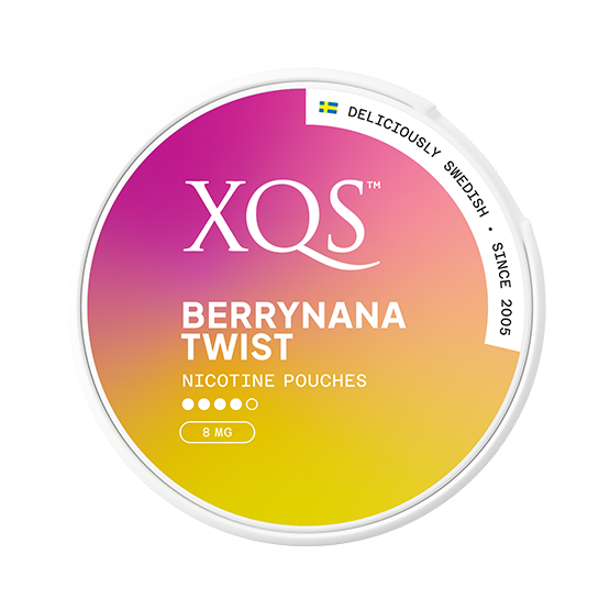 XQS Berrynana Twist nicotine pouches container with gradient design on a white background