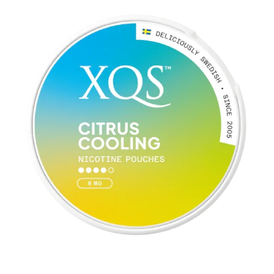 XQS Citrus Cooling nicotine pouches container with gradient blue to yellow design.