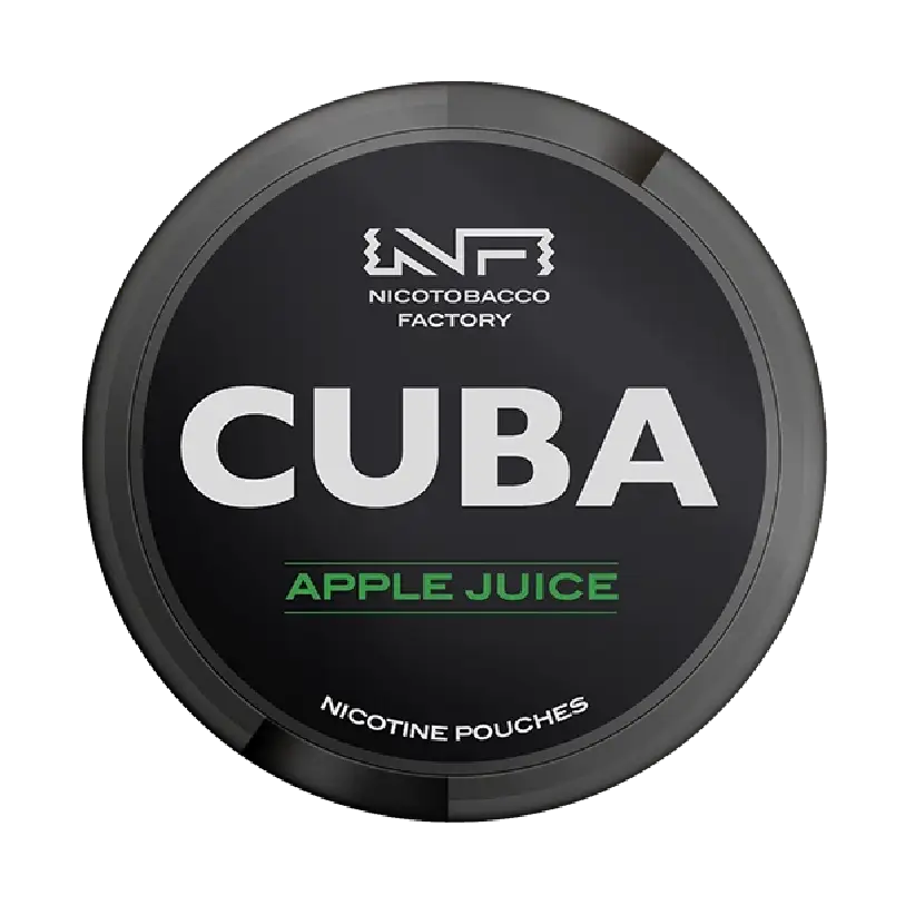 Round black with ‘Cuba’ logo written in bold white writing in the middle of the container. Green text at the bottom reads ‘Apple Juice’ and white text at the top reads ‘Nicotobacco Factory’