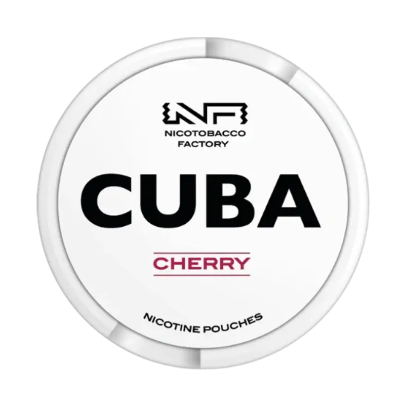 CUBA Cola nicotine pouches tin by Nicotobacco Factory, featuring a minimalist white design with bold black and red text.
