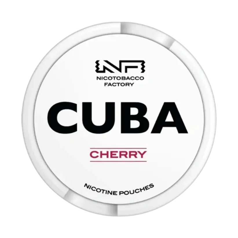 CUBA Cherry white can nicotine pouches, front view