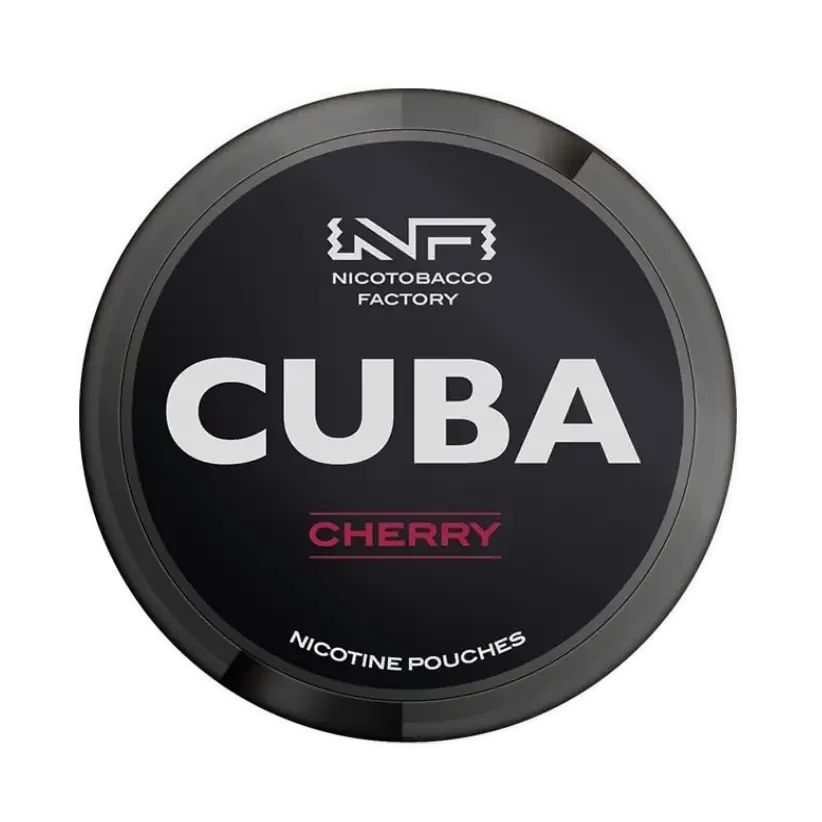 Cuba Nicotine Pouches Cherry flavour by Nicotobacco Factory in a black round container.