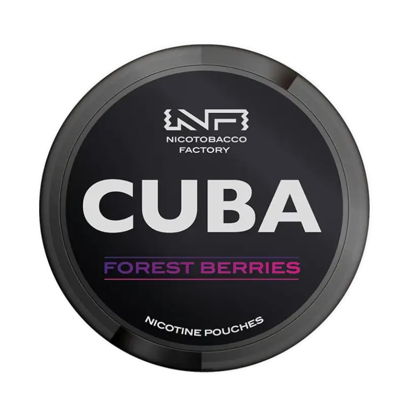 CUBA Forest Berries Nicotine Pouches - Round, black container with white 'CUBA' text and pink 'FOREST BERRIES' text.