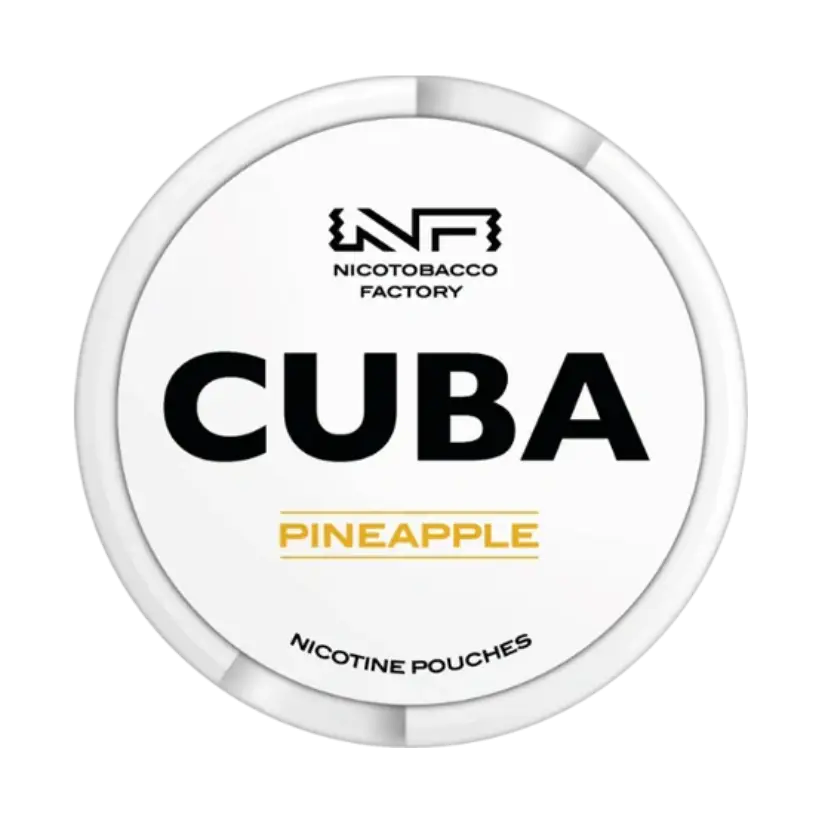 Round white container with ‘CUBA’ logo written in bold black writing in the middle of the container. Yellow text at the bottom reads ‘PINEAPPLE’ and black text at the top reads ‘NICOTOBACCO FACTORY’.