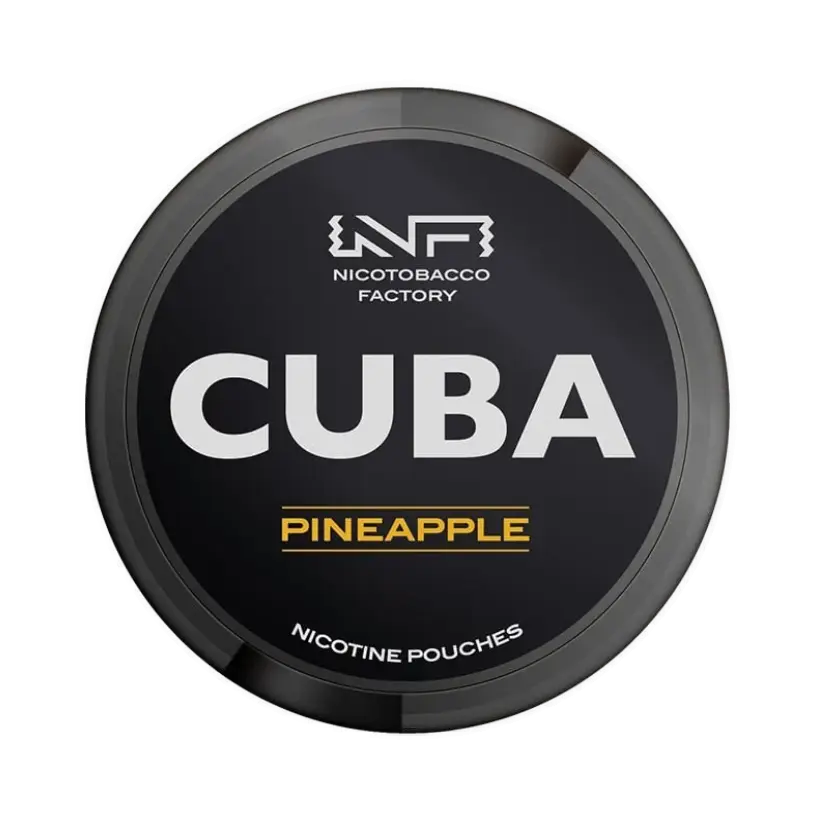 Black round container with 'Nicotobacco Factory,' 'CUBA' in white, 'PINEAPPLE' in yellow, and 'NICOTINE POUCHES'.