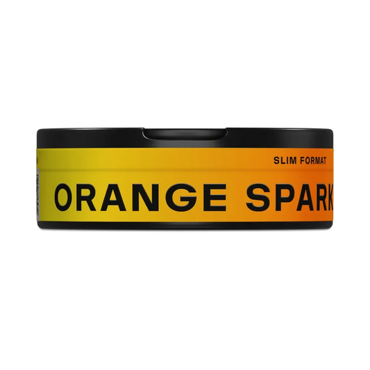 A yellow and orange container that mimics the look of a flame with a black outline. Text reads “nicotine pouches, VELO, Orange Spark’.