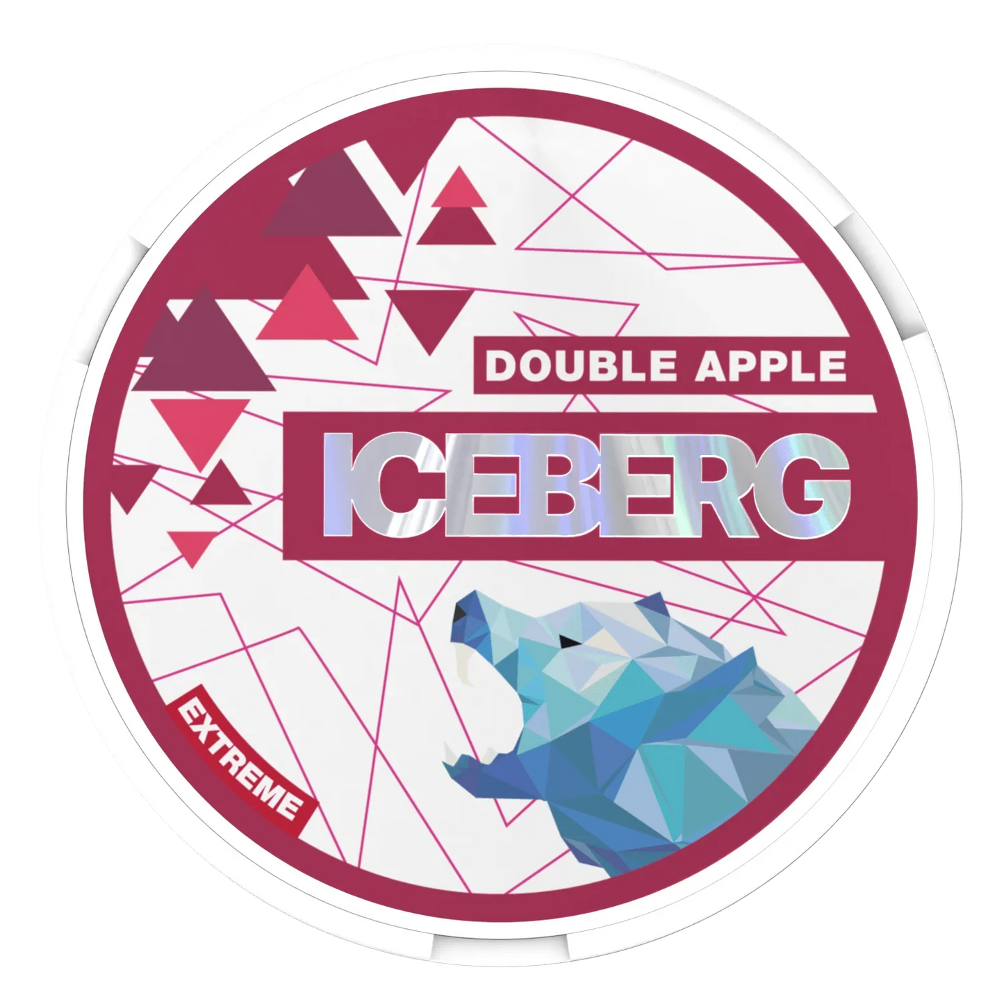 Round container labelled "Iceberg Double Apple Extreme" with a geometric polar bear and abstract design in pink, white, and blue.