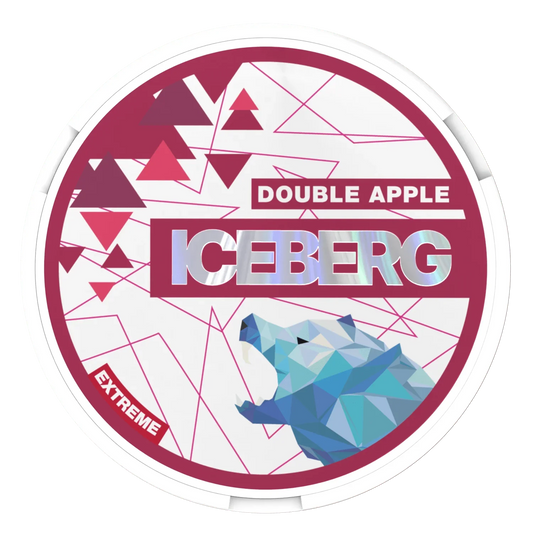 Round container labelled Iceberg Double Apple Extreme with a geometric polar bear and abstract design in pink, white, and blue.