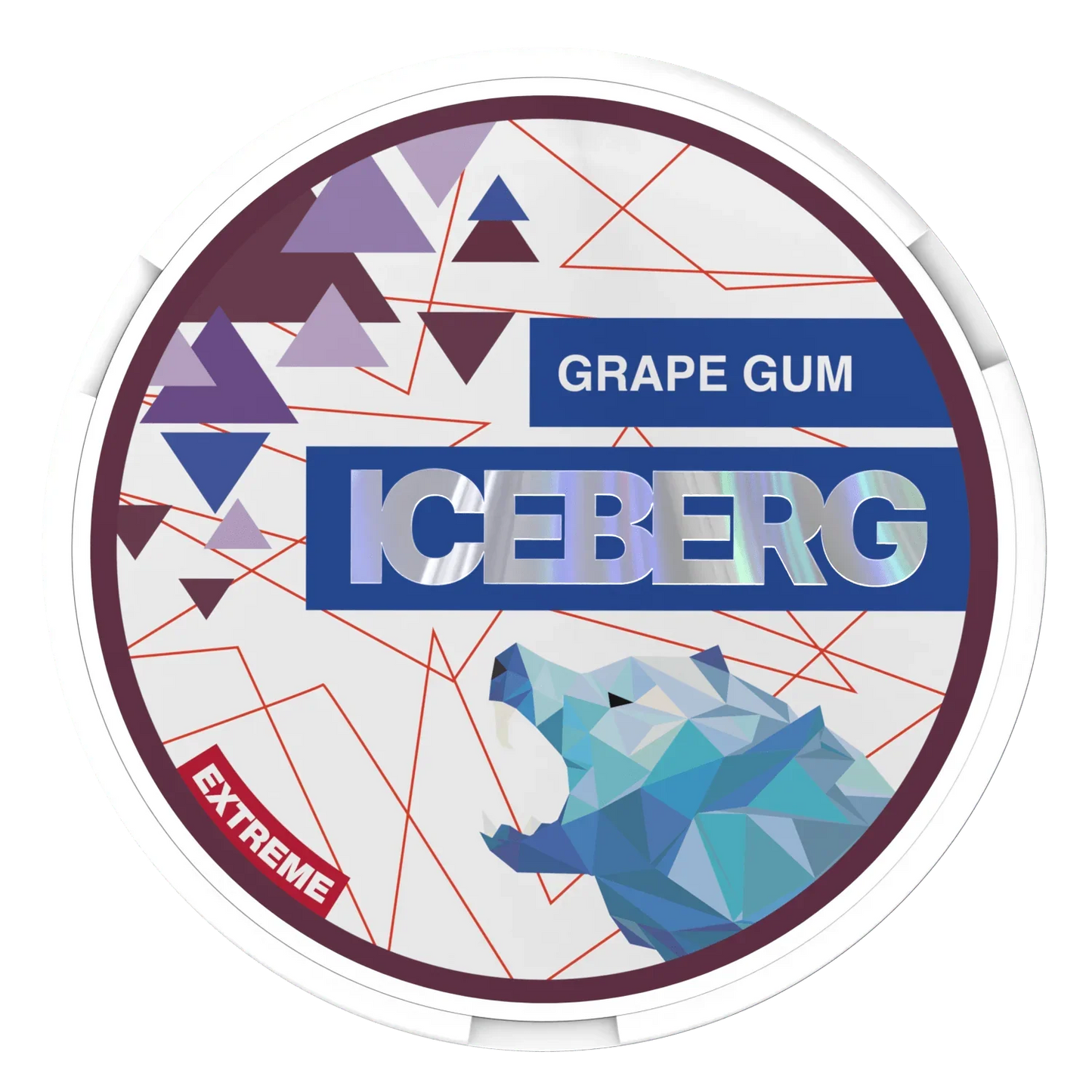 Round white container labelled "Iceberg Grape Gum" with a blue geometric polar bear and abstract design in purple and pink.